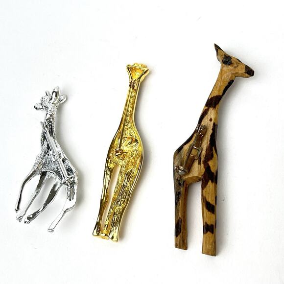 Giraffe Brooch Lot 3 Pins Silver Tone Figural Wood Gold Tone Inset Resin Spots - Picture 5 of 6